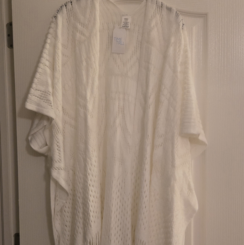 Time and Tru Cream Open Knit Cardigan With Fringe